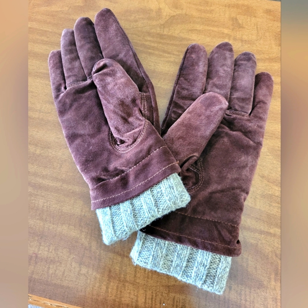 Brown faux suede gloves with knit cuff men's L  #2542